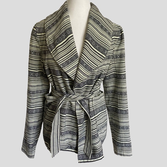 Mia Melon Grey Black Striped Design Casual Office Boho Belted Light Jacket-Sz-M - Picture 1 of 16